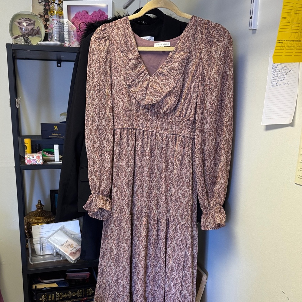 Ann Taylor Mauve Paisley Long Sleeve Ruffle Neck Dress